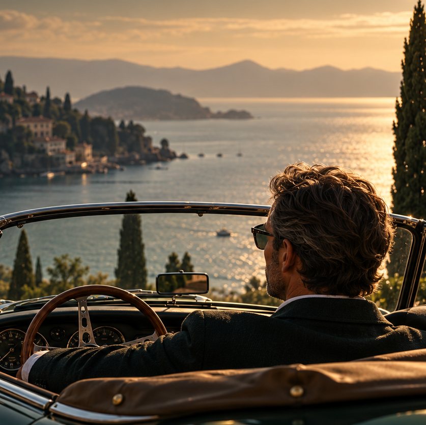 A man in a vintage green roadster above the sea at golden hour